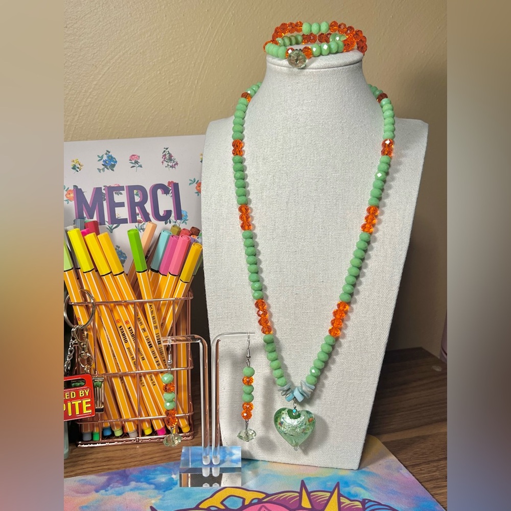Murano Jade Green & Orange Glass & Shell 🐚 Handmade Artisan Jewelry set.